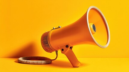 A bright orange megaphone with coiled cord faces left on solid background, no text or branding visible.