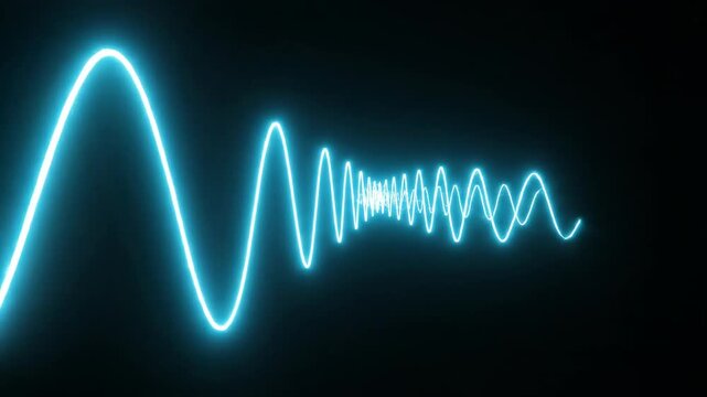 Abstract visualization of identical glowing cyan sine waves pulsing and propagating endlessly across a deep black void in perfect rhythm empty space, blank, high tech