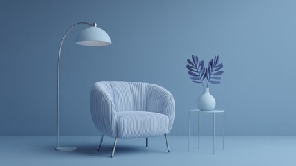 An industrial-style metal-framed floor lamp with a vintage bulb stands beside a wooden chair, a small table with a vase,