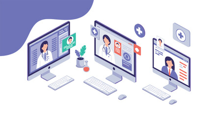 Isometric online medical consultation scene with remote doctor interaction on desktop computers