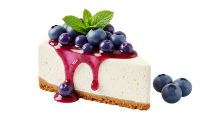 Delicious slice of cheesecake topped with fresh blueberries and mint isolated on transparent background