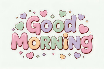 Delightful Good Morning greeting with whimsical pastel bubble letters and cute heart accents, perfect for cheerful social media posts and uplifting morning messages