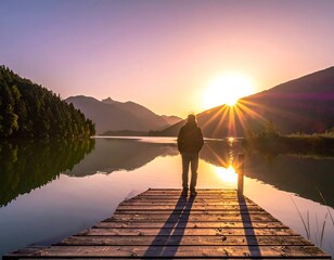 Figure stands on dock facing sun setting over lake, mountains & trees; water reflects light