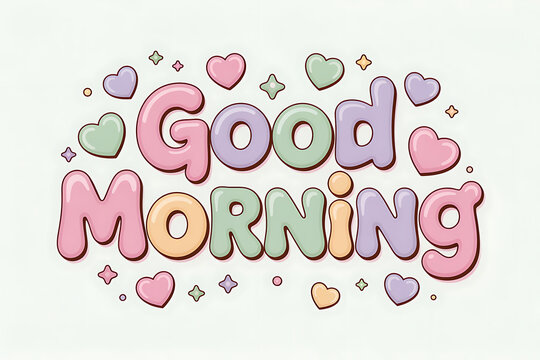 Delightful Good Morning greeting with whimsical pastel bubble letters and cute heart accents, perfect for cheerful social media posts and uplifting morning messages
