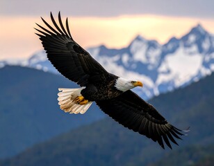 Obraz premium Eagle soaring majestically, wings spread, with snow-capped mountains in the blurred background at sunset