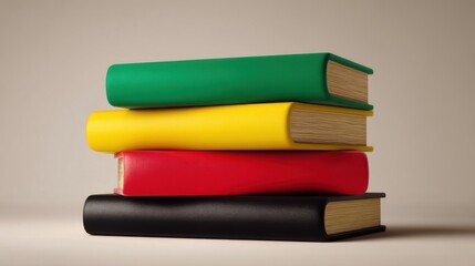 Four stacked books in green, yellow, red, and black colors rest on a neutral surface,