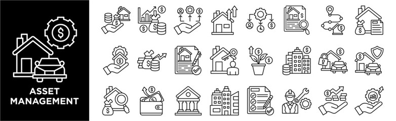 Asset Management icon collection set. Containing design asset management, investment, financial asset, portfolio, money management, business growth