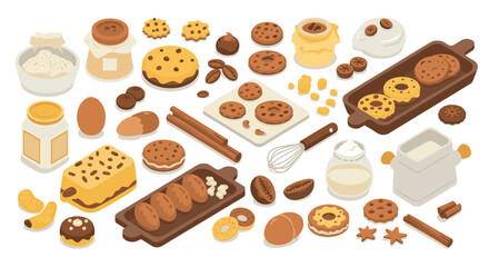 Delicious collection of flat style baking ingredients and cookies for culinary inspiration
