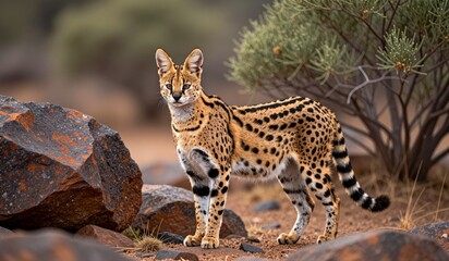 Obraz premium Wild serval prowls through rocky terrain under the warm sun in a serene landscape