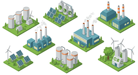 Fototapeta premium Isometric renewable energy and industrial plant illustrations with solar panels and wind turbines
