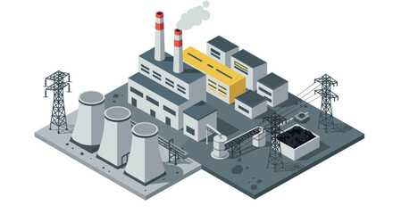 Obraz premium Isometric power plant with cooling towers and industrial buildings