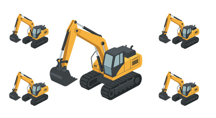 Isometric excavator machines in multiple angles on white background