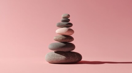 A vertical stack of seven smooth rounded stones arranged in ascending order of size on a solid pink background with subt