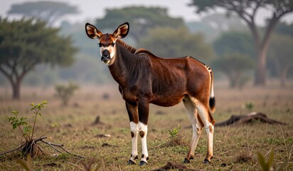 Fototapeta premium Majestic okapi standing gracefully in a lush African savanna during golden hour
