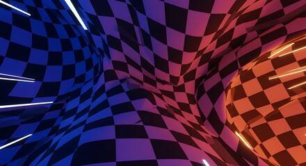 Abstract checkered tunnel with neon lights.