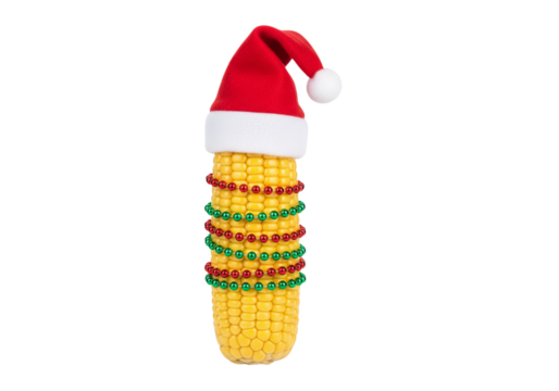 Festive Christmas Corn Cob Adorned with Santa Hat and Holiday Garland Decoration