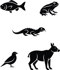 Vertebrate animal icons: fish, frog, lizard, bird, and mammal silhouettes vector set.