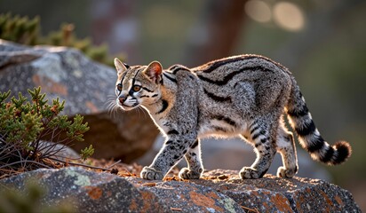 Wild cat wandering among rocks at sunset in a serene natural landscape