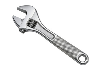 Adjustable wrench tool for repair works and plumbing projects, chrome metal spanner on transparent background