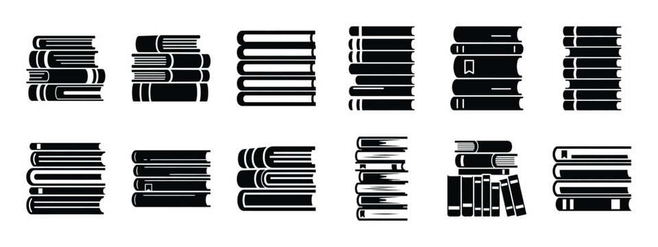 library book stack vector icon set and silhouette art isolated on white background