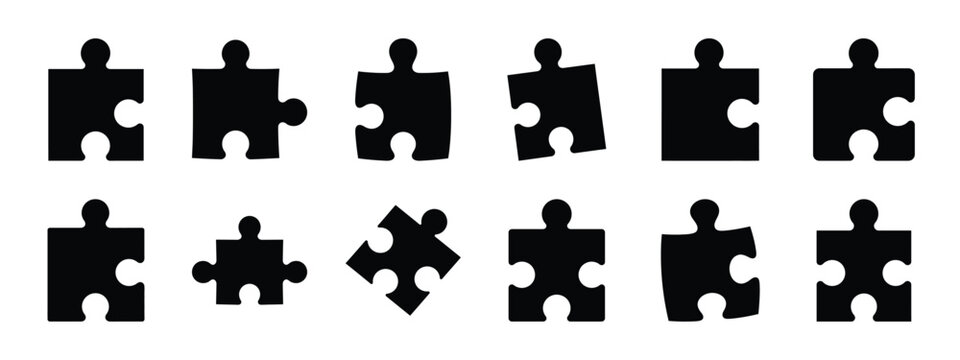 puzzle piece vector icon set and silhouette art isolated on white background