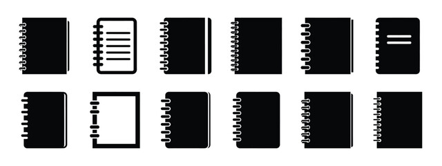spiral notebook vector icon set and silhouette art isolated on white background