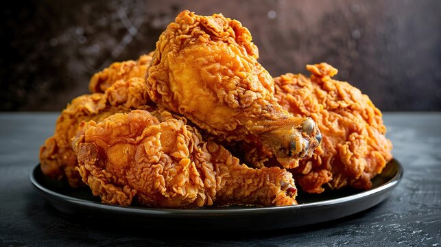 Crispy fried chicken drumsticks on dark plate with golden breading and seasoning