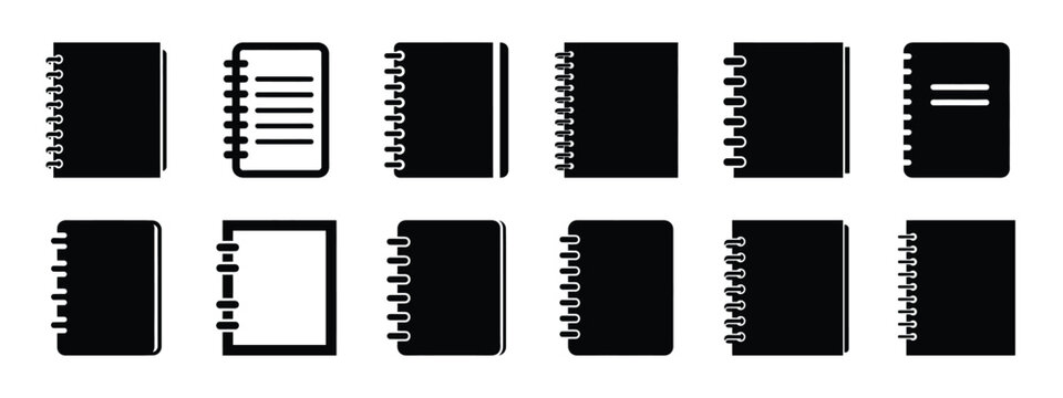 spiral notebook vector icon set and silhouette art isolated on white background