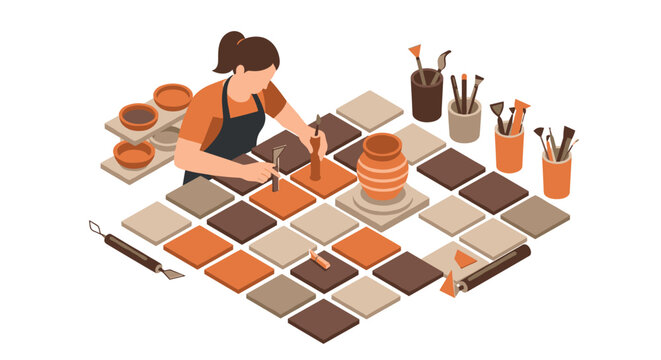 Isometric pottery workshop: artisan at work on ceramic tiles