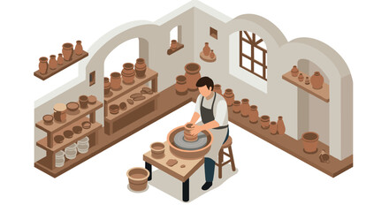 Isometric pottery workshop scene with craftsman shaping clay on pottery wheel in ceramics studio