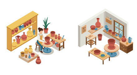 Isometric pottery studio: crafting ceramics in a cozy workshop setting