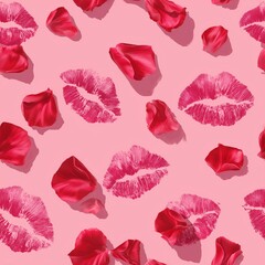 Seamless Valentine's Day Pattern with Red Lip Prints and Rose Petals on Pink Background