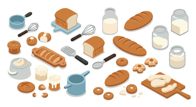 Isometric bakery elements with bread, milk, and baking tools on white background