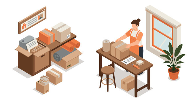Isometric home office packing scene: woman preparing parcels for shipping