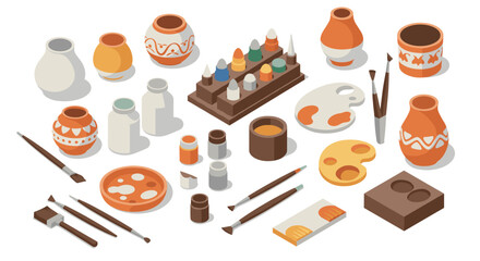 Isometric ceramic art supplies and painting tools set in earthy tones