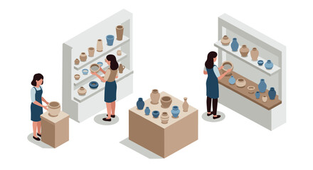 Isometric pottery workshop scene with people crafting and displaying handmade ceramics in a studio setting