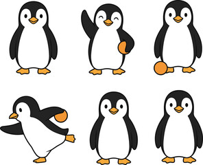 Cartoon penguins in various poses with orange balls, sports action characters, flat style design, isolated on white background