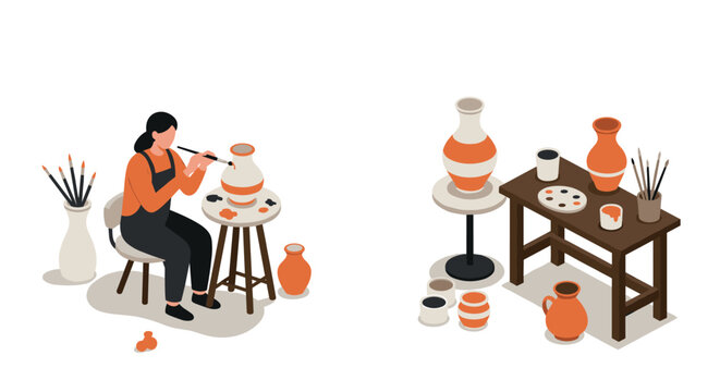 Isometric pottery workshop: artisan handpainting ceramics in creative studio setting