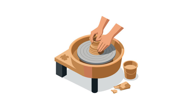 Crafting pottery: hands shaping clay on a pottery wheel in isometric style - Powered by Adobe