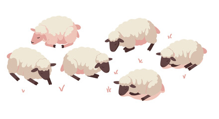 Fototapeta premium Adorable cartoon sheep grazing and resting in pastel shades