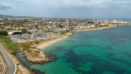 Aerial view of the petrochemical complex located in the coastal area that includes the municipalities of Augusta, Priolo Gargallo, and Melilli, near Syracuse, Sicily, Italy. 