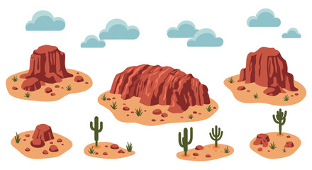 Fototapeta premium Desert landscape with rocky hills and cacti in flat cartoon style