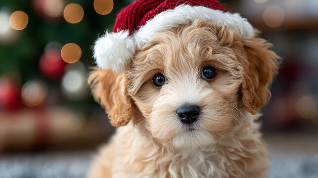 Cute puppy wearing Santa hat in front of Christmas tree