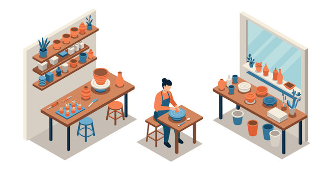 Isometric pottery workshop scene with potter crafting clay on pottery wheel