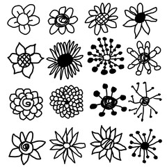 Collection of 16 Hand Drawn Doodle Flowers: Black and White Botanical Sketch Elements