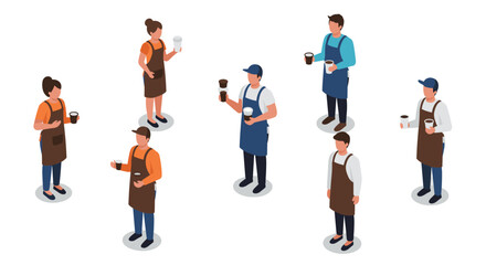 Fototapeta premium Isometric barista team serving coffee in various poses with aprons and cups