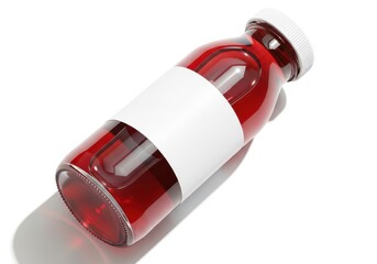 Clear glass bottle with red liquid and blank white label on white background
