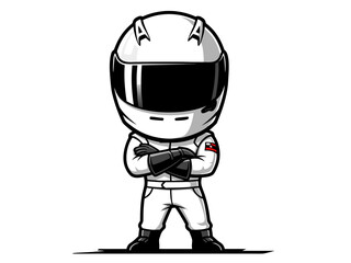 Cartoon character in racing suit and helmet with arms crossed, representing a driver, auto, and sport