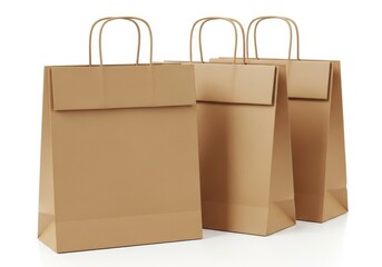 Three brown kraft paper shopping bags with handles on white background
