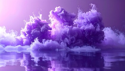 Ethereal swirls of purple, like smoke or ink, bloom over calm, reflective water in a dreamy, soft-lit scene